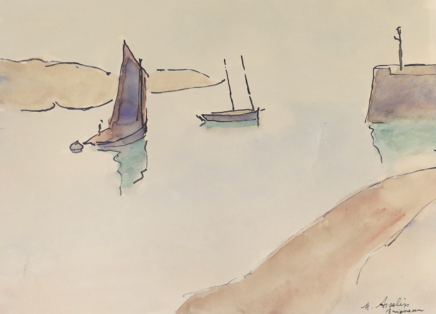 Maurice Asselin (French 1842-1947), ink and watercolour, estuary landscape with sailing boats, signed, stencil verso, 23 x 31cm